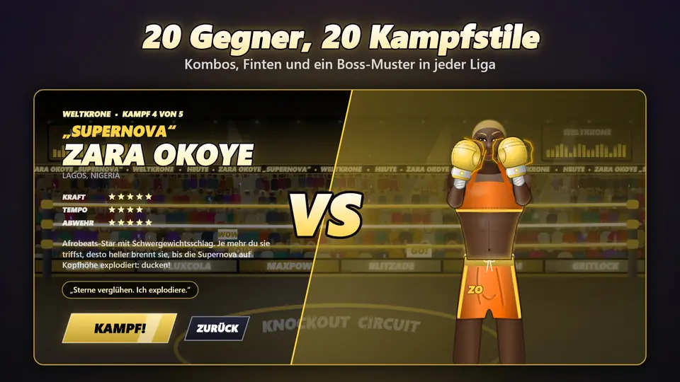 20 Gegner, 20 Kampfstile. Kombos, Finten und ein Boss-Muster in jeder Liga