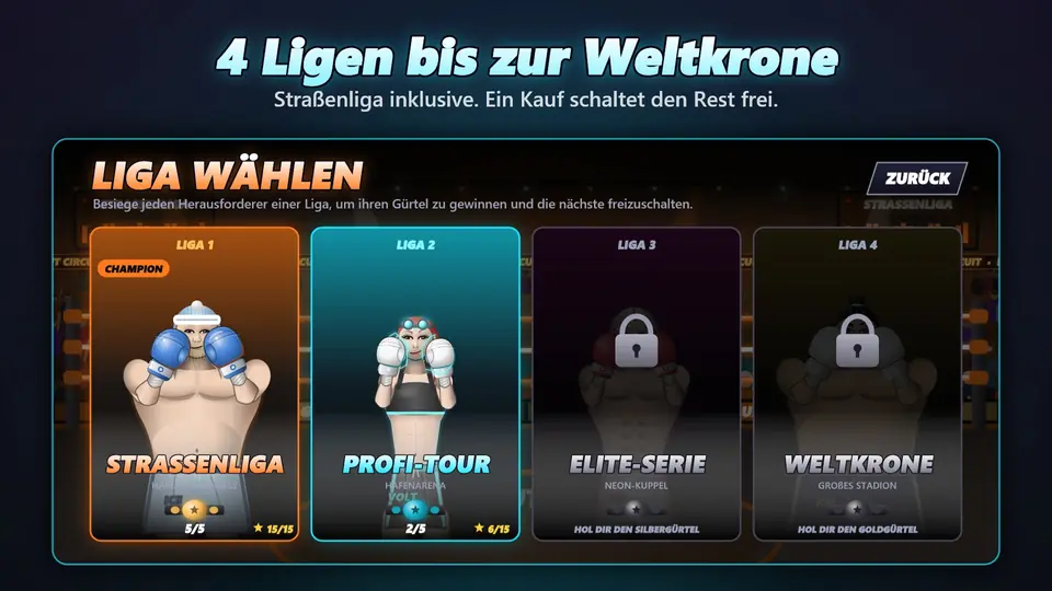 4 Ligen bis zur Weltkrone. Straßenliga inklusive. Ein Kauf schaltet den Rest frei.