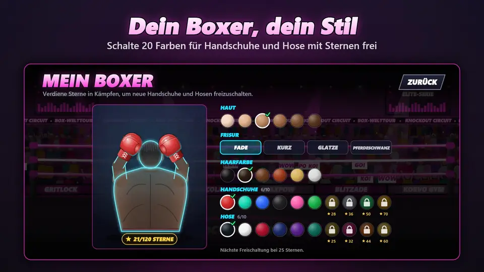 Dein Boxer, dein Stil. Schalte 20 Farben für Handschuhe und Hose mit Sternen frei