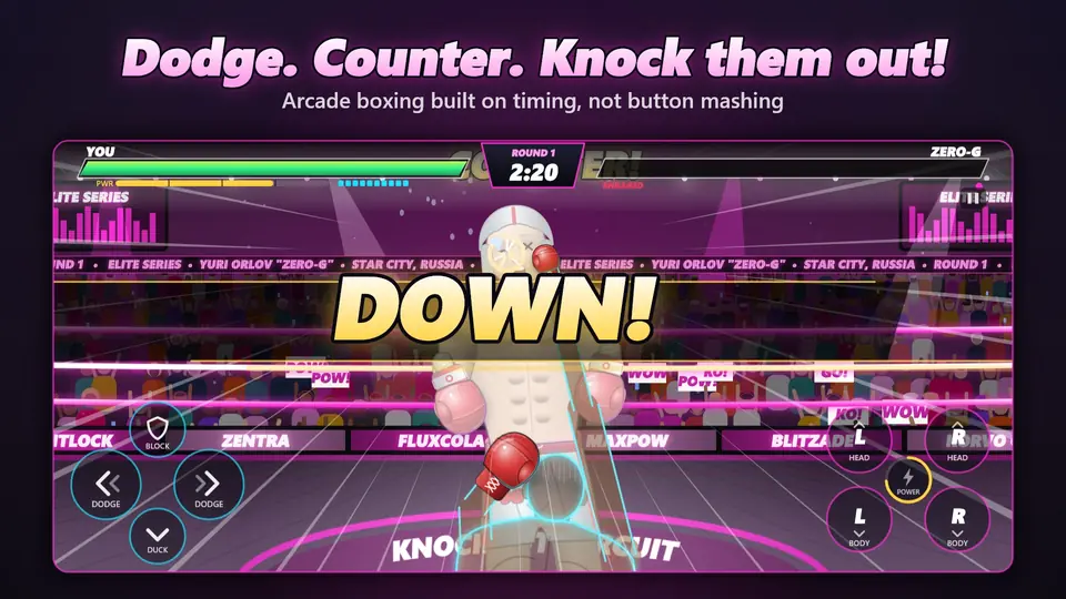 Dodge. Counter. Knock them out!. Arcade boxing built on timing, not button mashing