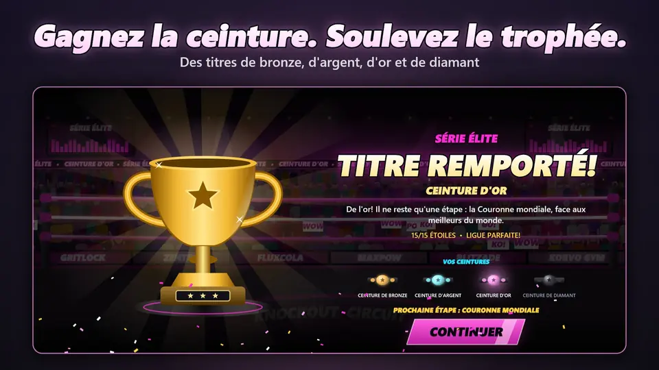 Gagnez la ceinture. Soulevez le trophée.. Des titres de bronze, d'argent, d'or et de diamant