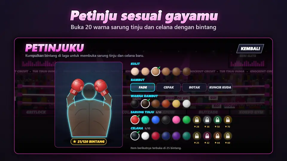 Petinju sesuai gayamu. Buka 20 warna sarung tinju dan celana dengan bintang