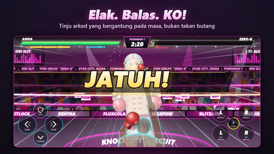 Elak. Balas. KO!. Tinju arked yang bergantung pada masa, bukan tekan butang