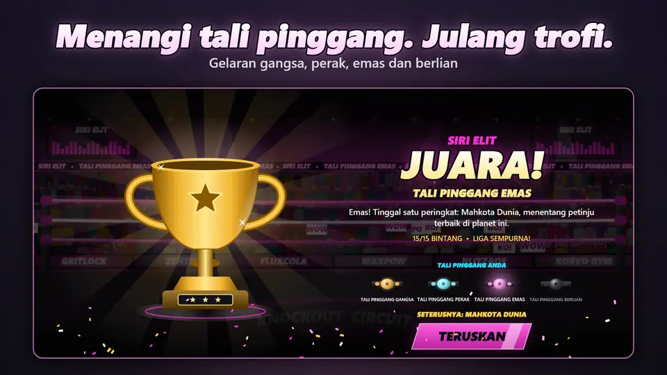 Menangi tali pinggang. Julang trofi.. Gelaran gangsa, perak, emas dan berlian