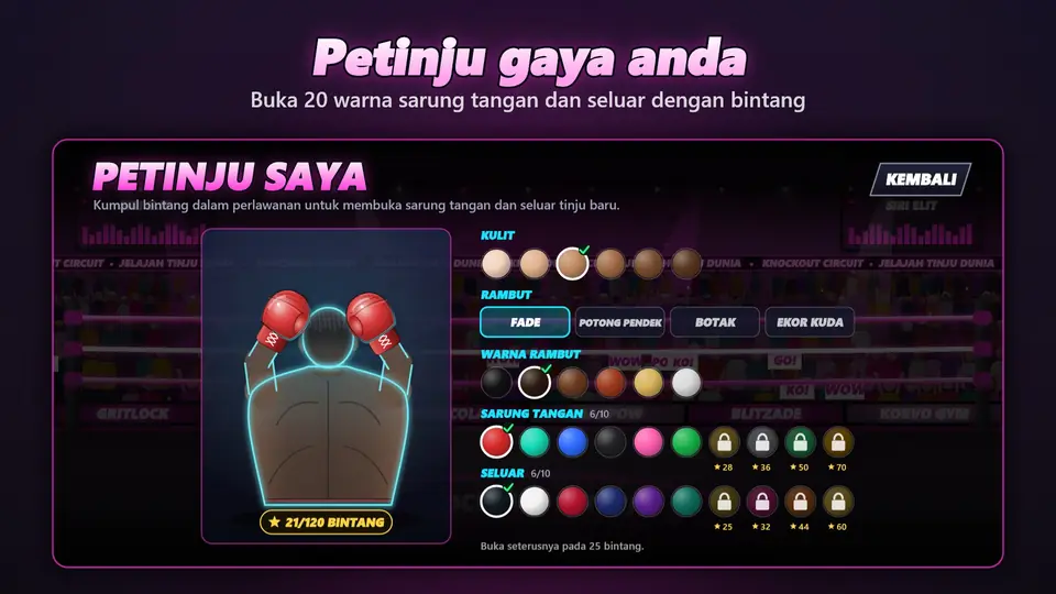 Petinju gaya anda. Buka 20 warna sarung tangan dan seluar dengan bintang