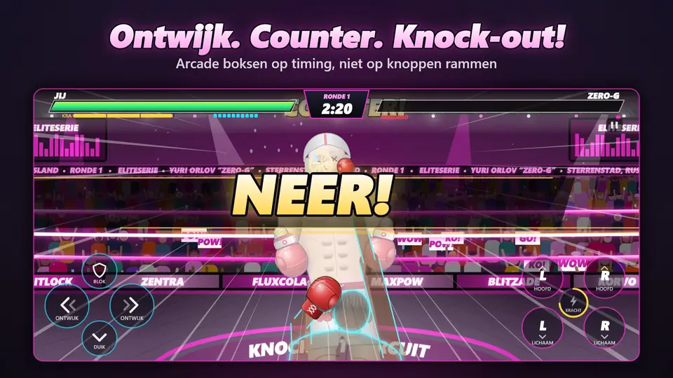 Ontwijk. Counter. Knock-out!. Arcade boksen op timing, niet op knoppen rammen