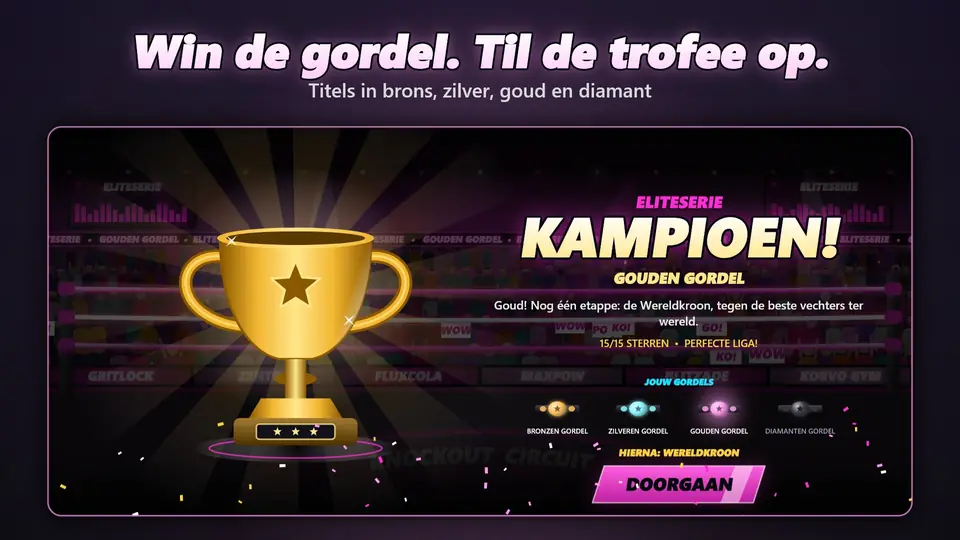 Win de gordel. Til de trofee op.. Titels in brons, zilver, goud en diamant