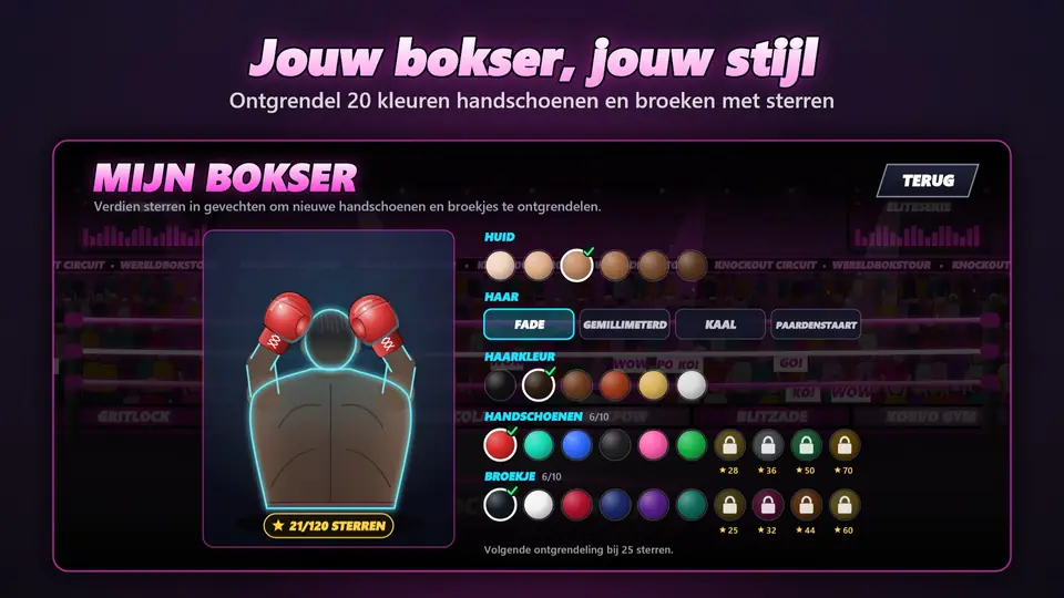 Jouw bokser, jouw stijl. Ontgrendel 20 kleuren handschoenen en broeken met sterren