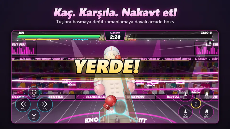 Kaç. Karşıla. Nakavt et!. Tuşlara basmaya değil zamanlamaya dayalı arcade boks