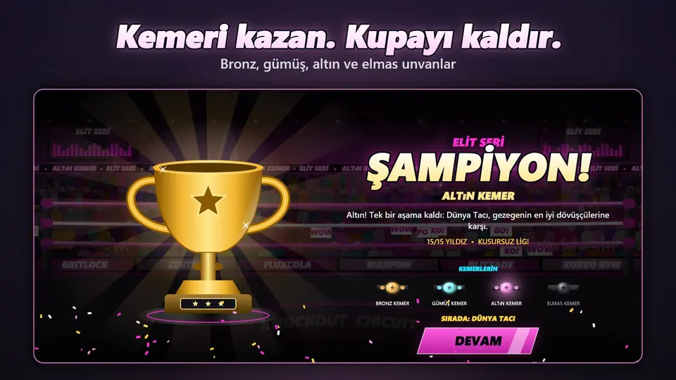 Kemeri kazan. Kupayı kaldır.. Bronz, gümüş, altın ve elmas unvanlar