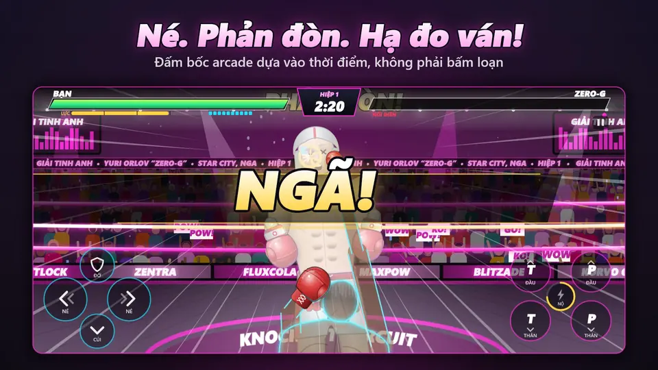 Né. Phản đòn. Hạ đo ván!. Đấm bốc arcade dựa vào thời điểm, không phải bấm loạn
