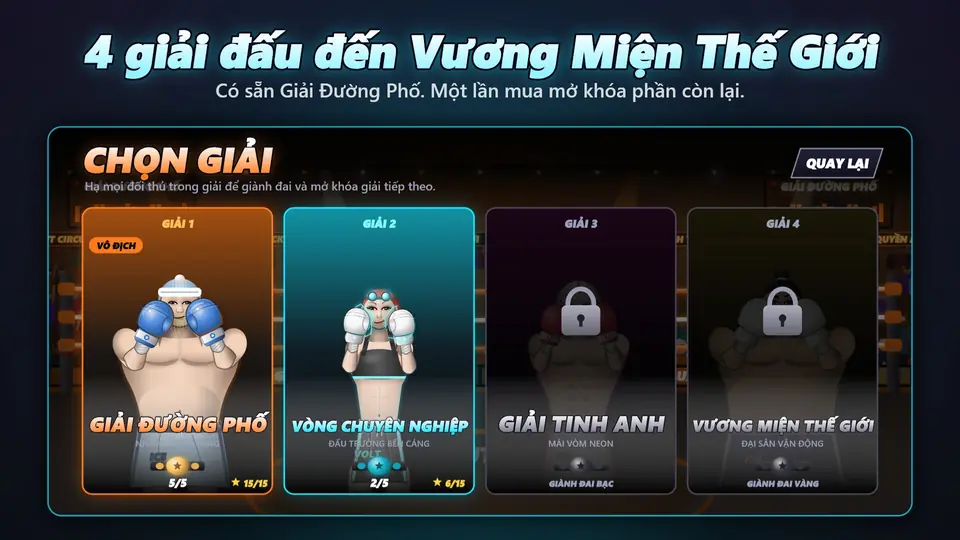4 giải đấu đến Vương Miện Thế Giới. Có sẵn Giải Đường Phố. Một lần mua mở khóa phần còn lại.