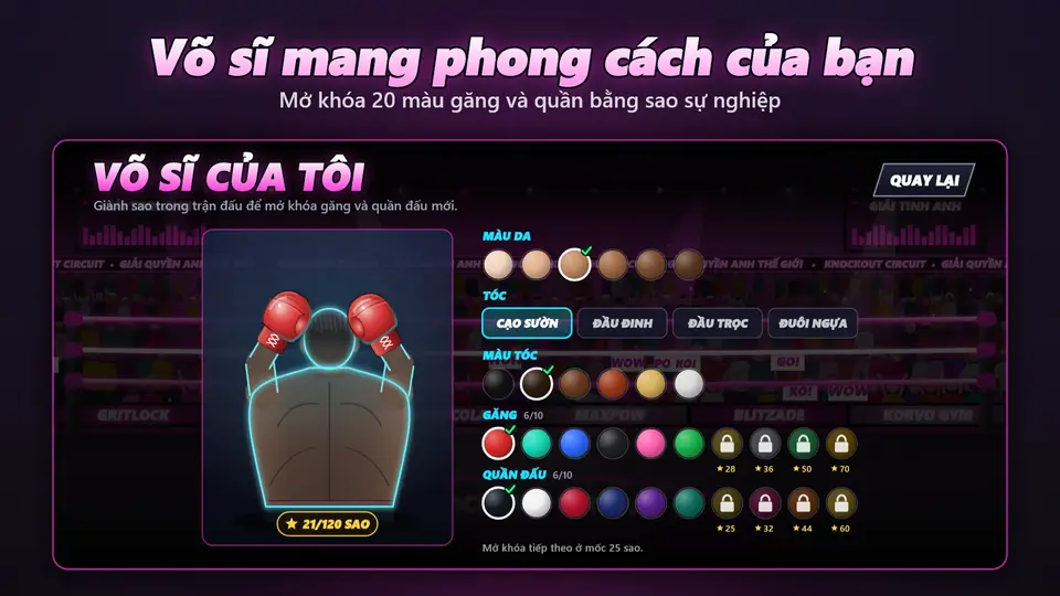Võ sĩ mang phong cách của bạn. Mở khóa 20 màu găng và quần bằng sao sự nghiệp