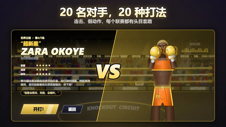 20 名对手，20 种打法. 连击、假动作，每个联赛都有头目套路